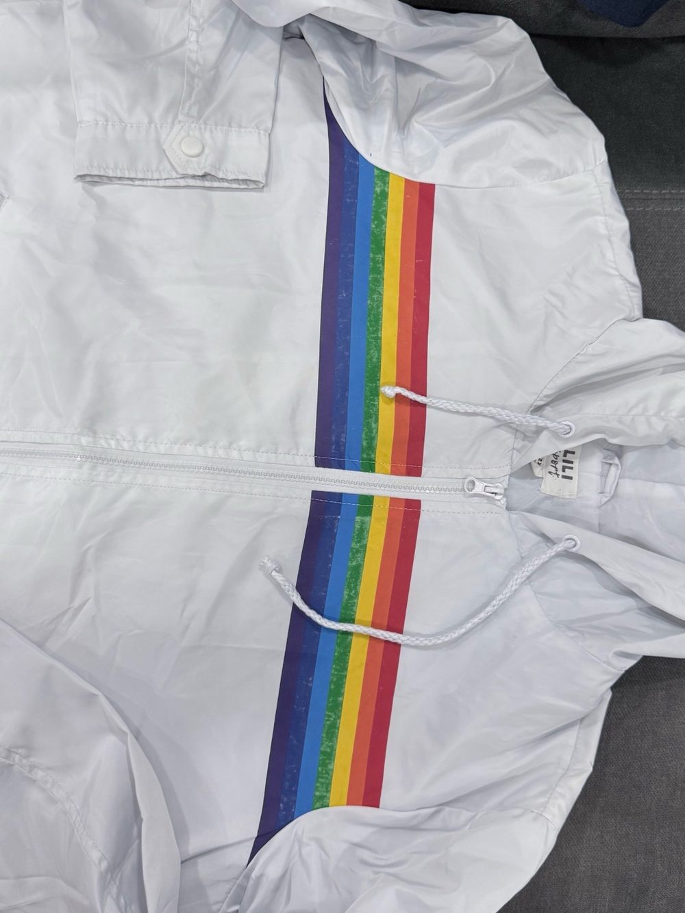 White Hooded Raincoat with Rainbow Stripe - Unbranded